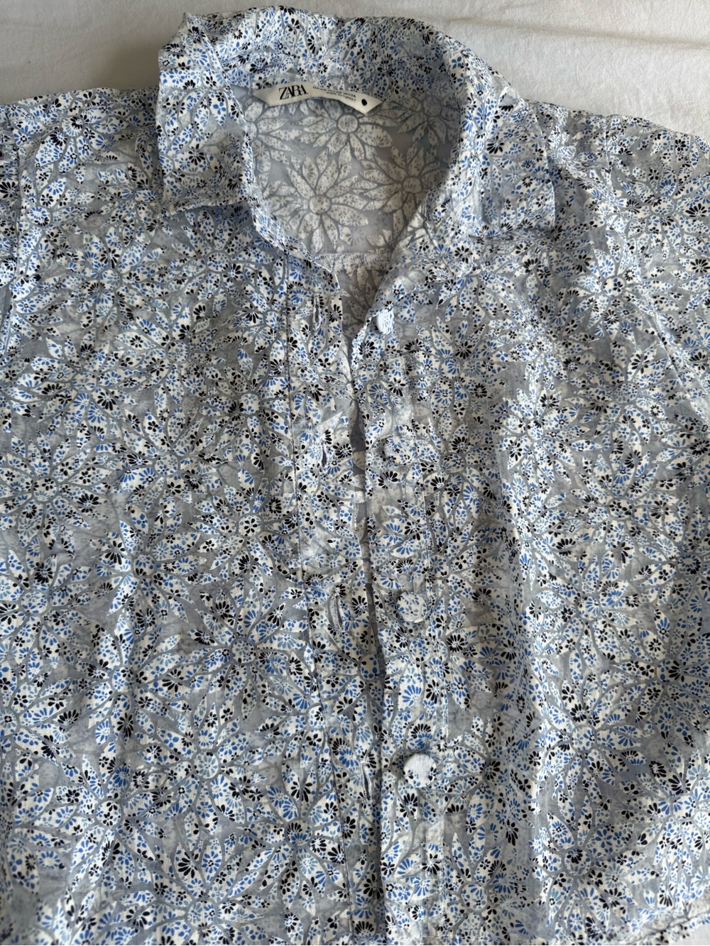 Zara Pale Blue Floral Lace-Trim Button Front Blouse - Picture 6 of 9